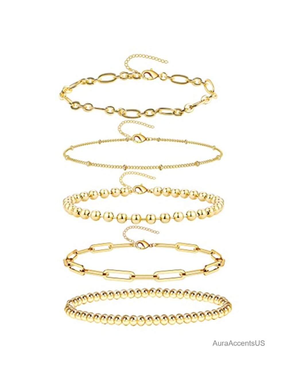 Dainty Gold Plated Bracelet Set for Women, 5 Layered Chain Bracelets Stackable